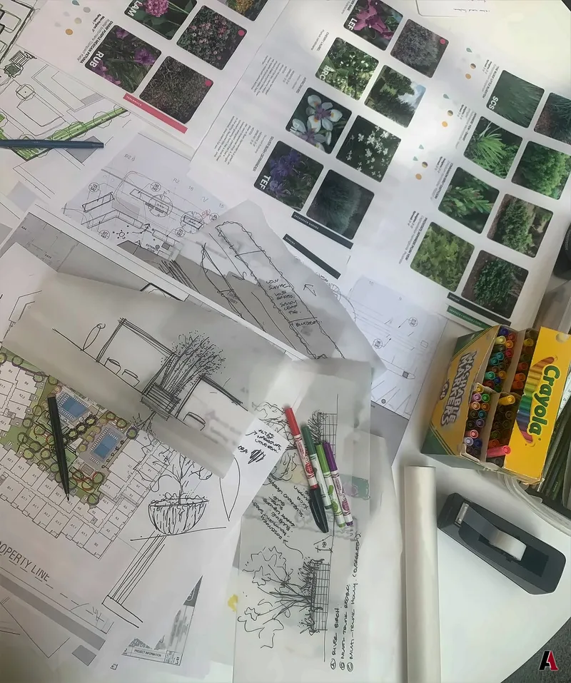 Landscape design work on a desk: plant palette sheets, trace-paper sketches, a colored site plan and markers, designed by A1 Design and Construction