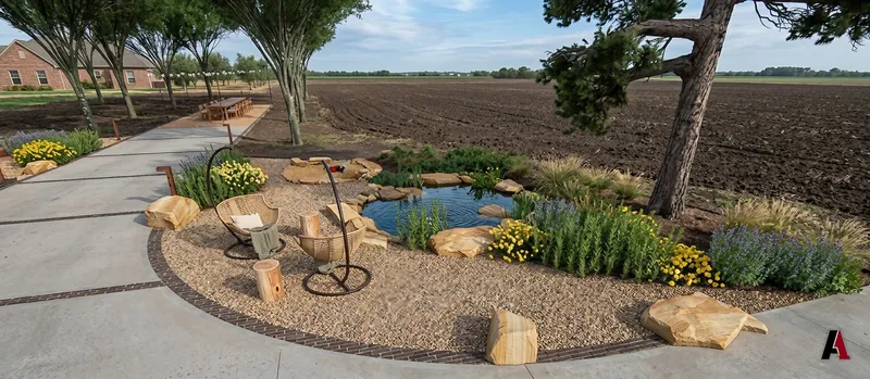 Photorealistic rendering of a gravel seating garden beside a driveway with sandstone boulders, a small pond and drought-tolerant planting, designed by A1 Design and Construction