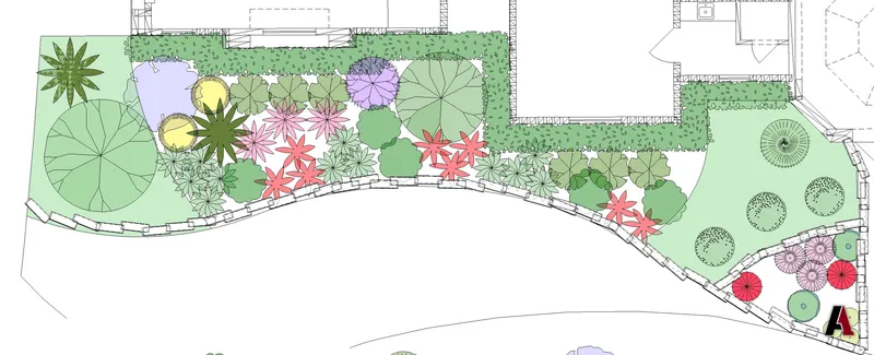 Colored planting plan of a curved front-yard bed with palms, flowering shrubs and groundcovers along a house, designed by A1 Design and Construction