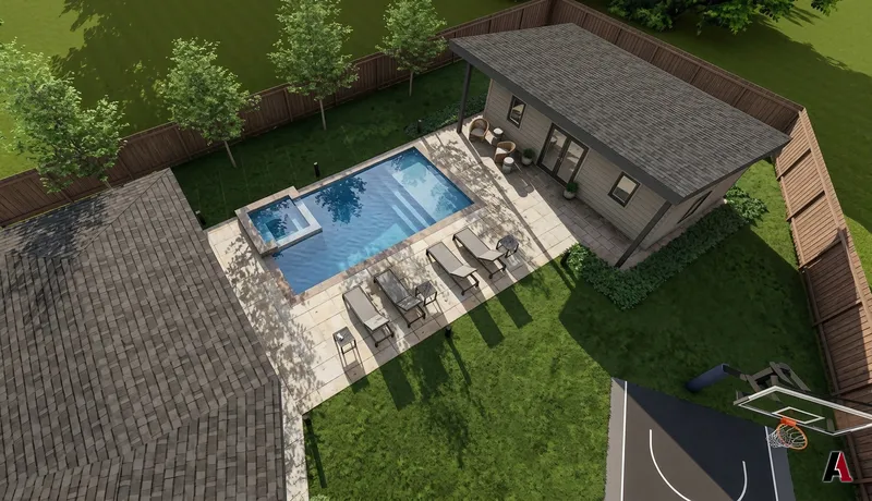 Photorealistic aerial rendering of a backyard pool with a spa, loungers and a casita, a lawn, a cedar fence and a small sport court, designed by A1 Design and Construction
