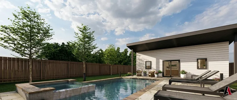 Photorealistic rendering of a rectangular pool with a raised spa, a stone deck, loungers and a white casita with a dark roof, designed by A1 Design and Construction