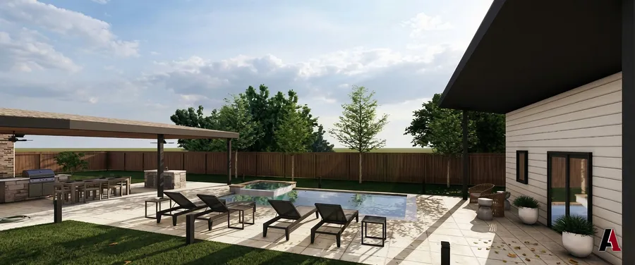 Rendering of a pool terrace with a spa, loungers, lawn and outdoor kitchen by A1 Design and Construction
