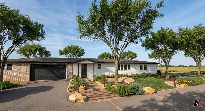 Photorealistic rendering of a ranch home's front garden with timber steps, sandstone boulders and native planting under shade trees, designed by A1 Design and Construction
