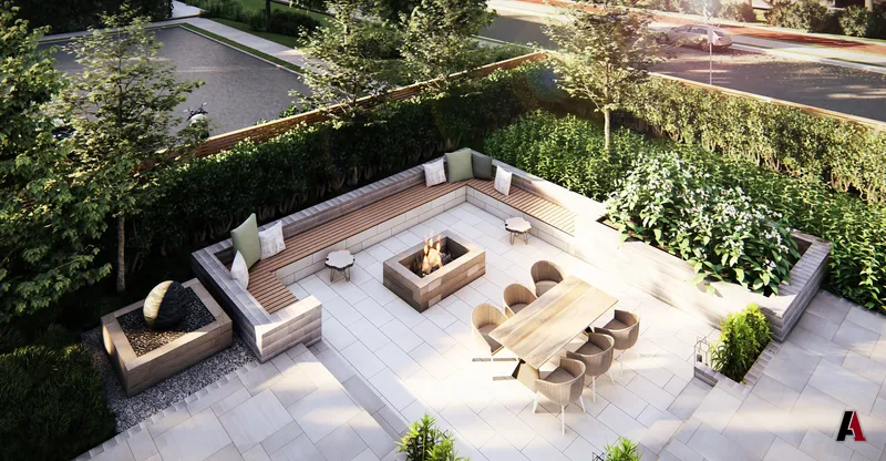 Aerial rendering of a sunken patio lounge with built-in bench seating, a square fire pit, an outdoor dining table and planted borders, designed by A1 Design and Construction