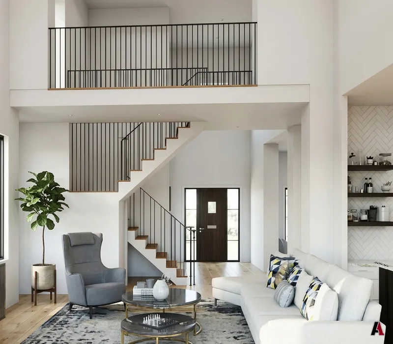 Photorealistic rendering of a double-height living room with a loft, staircase and sectional sofa, designed by A1 Design and Construction