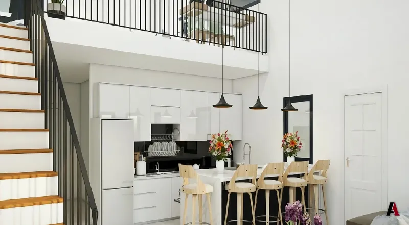 Rendering of a white kitchen with an island, bar stools and an open stair under a loft, designed by A1 Design and Construction