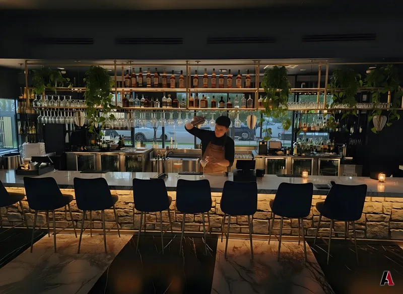 Concept rendering of a restaurant bar with a stone-front counter, a marble top, brass back-bar shelving and hanging plants, designed by A1 Design and Construction