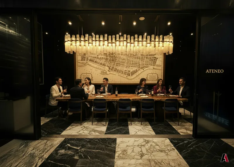 Concept rendering of a restaurant private dining room with a long wood table, a glass-rod chandelier, a map mural and a black and white marble floor, designed by A1 Design and Construction