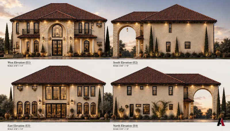 Four elevations of a Mediterranean residence with clay tile roof, designed by A1 Design and Construction