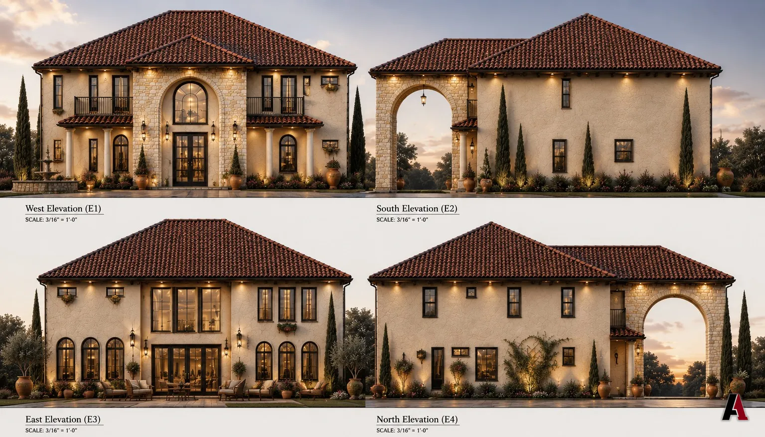 Final dusk rendering of the Mediterranean home with a clay tile roof, cypress trees and warm lighting, by A1 Design and Construction