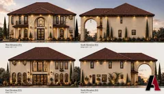 Final dusk rendering of the Mediterranean home with a clay tile roof, cypress trees and warm lighting, by A1 Design and Construction