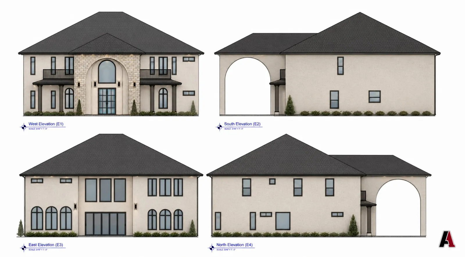 Four elevations of a two-story Mediterranean home with cream stucco, limestone and a dark shingle roof, by A1 Design and Construction