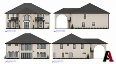 Four elevations of a two-story Mediterranean home with cream stucco, limestone and a dark shingle roof, by A1 Design and Construction