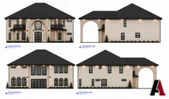 The same four elevations with wall sconces and soffit lights turned on, by A1 Design and Construction