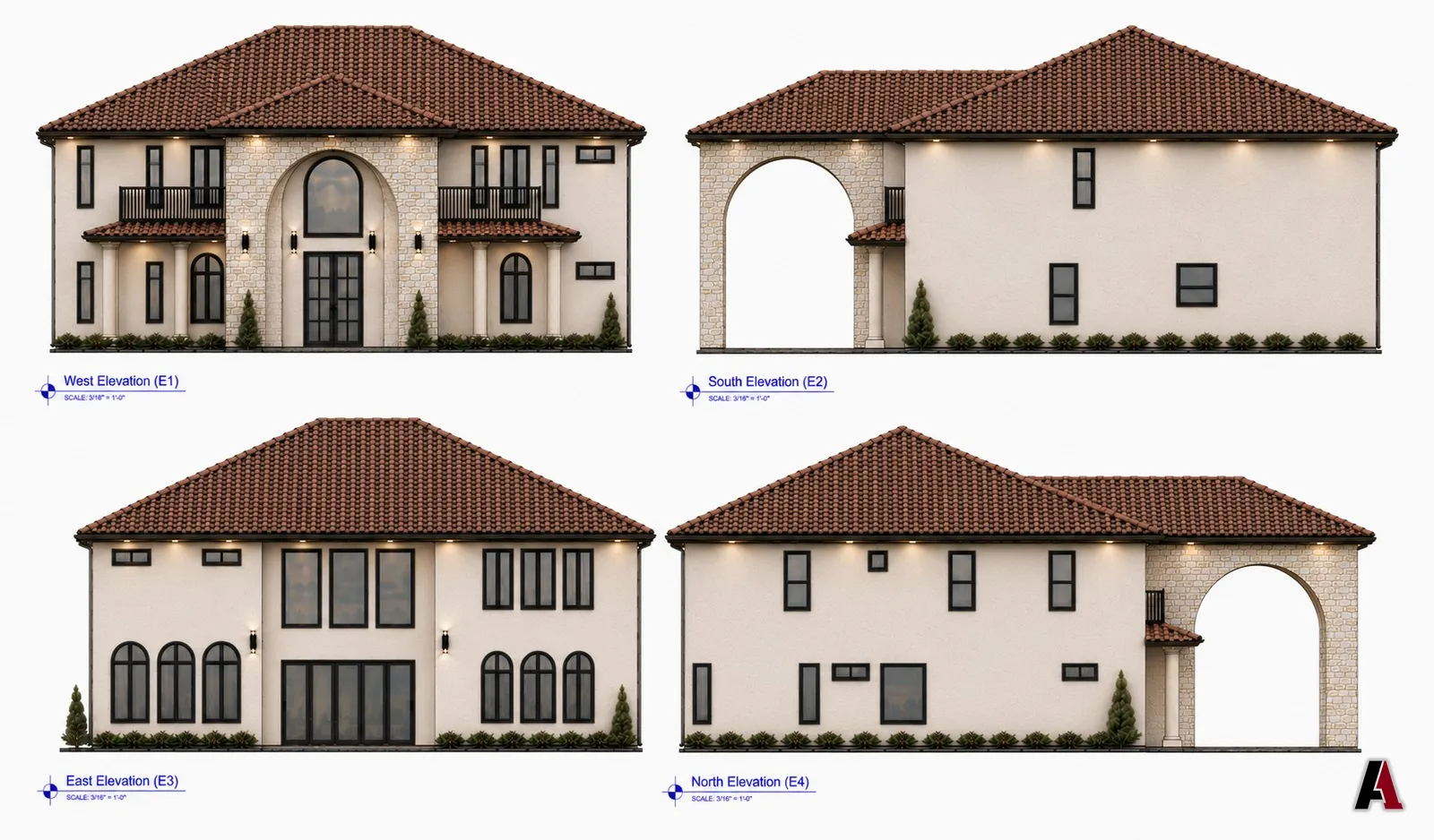 The four elevations with a red clay tile roof, by A1 Design and Construction
