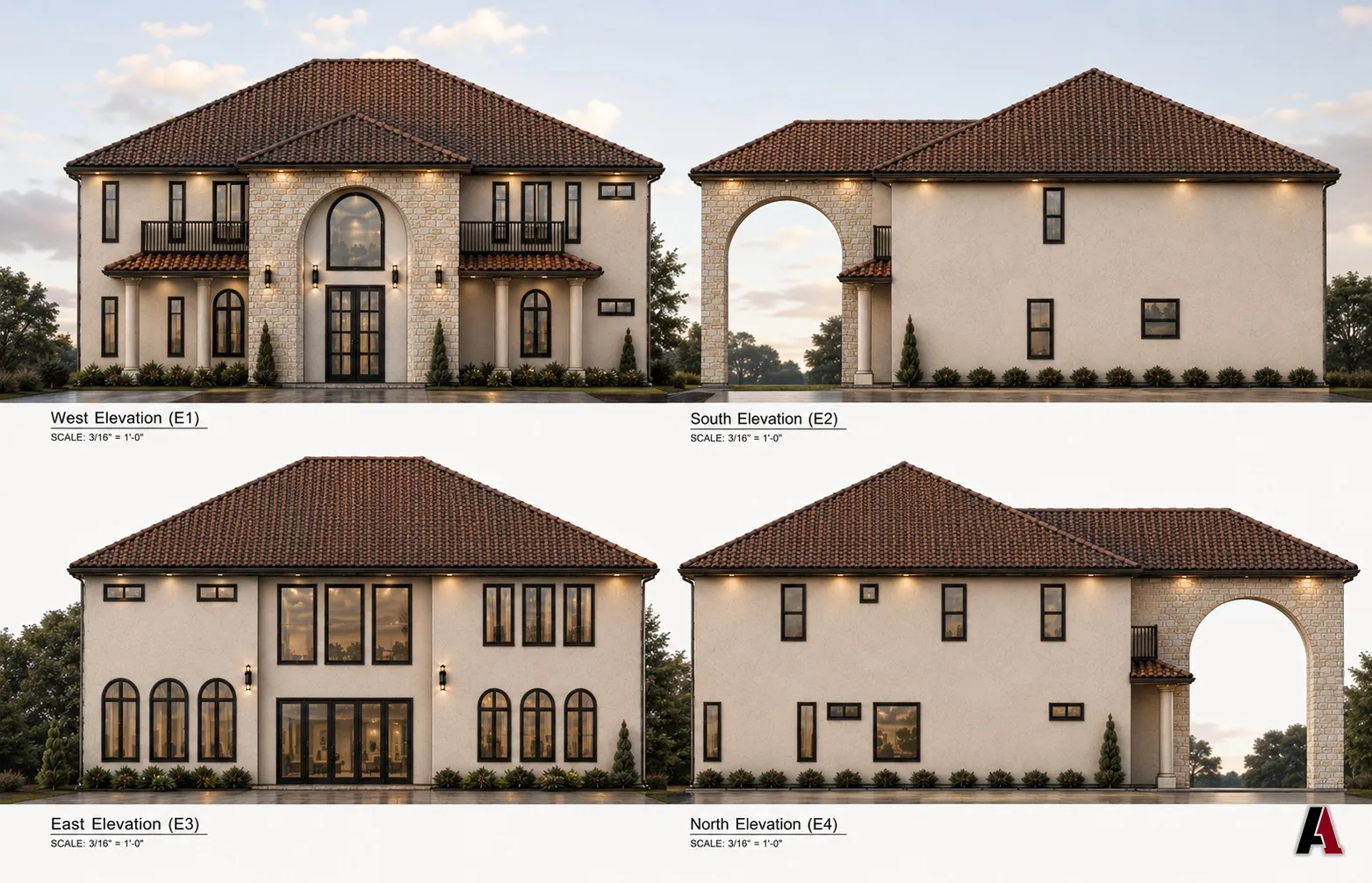 Photo-real elevations with sky, trees and hedges, by A1 Design and Construction
