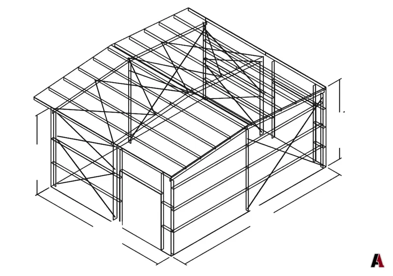 Isometric line drawing of a pre-engineered steel building frame with purlins, girts and cross bracing, designed by A1 Design and Construction