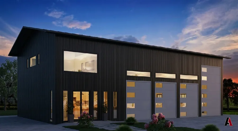 Dusk rendering of a black metal barndominium with roll-up doors by A1 Design and Construction