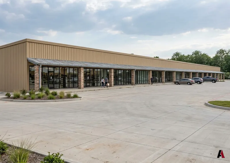 Photorealistic rendering of a long metal-building strip center with a glass storefront and brick piers, designed by A1 Design and Construction