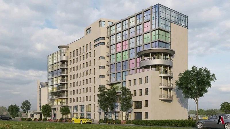 Photorealistic rendering of a nine-story mid-rise building with glass corner bays and curved balconies, designed by A1 Design and Construction