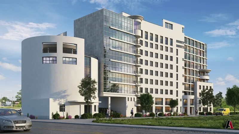 Photorealistic rendering of a mid-rise building with a round white tower and a glass curtain wall, designed by A1 Design and Construction