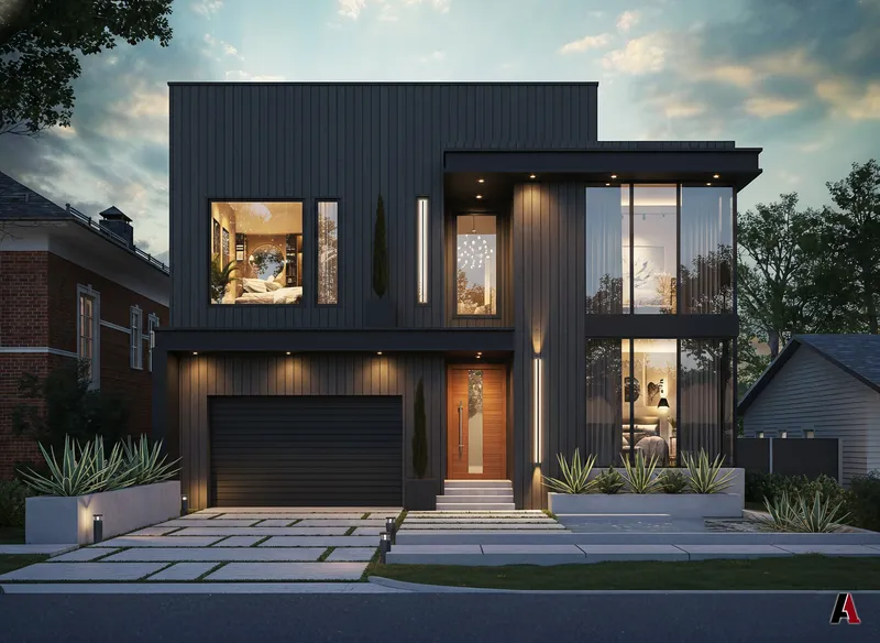 Dusk rendering of a modern two-story home in black vertical cladding with a wood front door and warm window light, designed by A1 Design and Construction