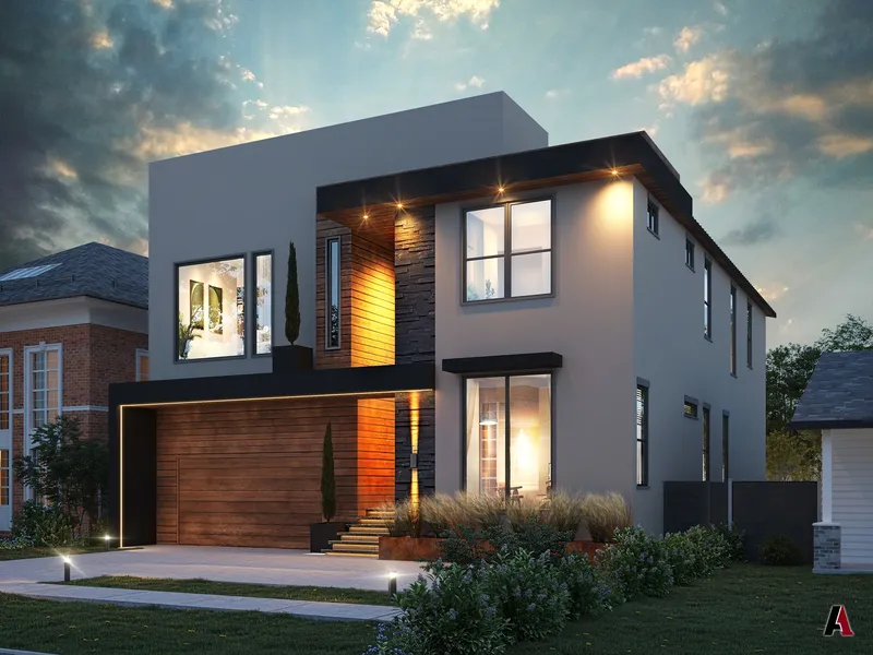 Dusk rendering of a modern two-story residence with a wood garage door and stone entry, designed by A1 Design and Construction