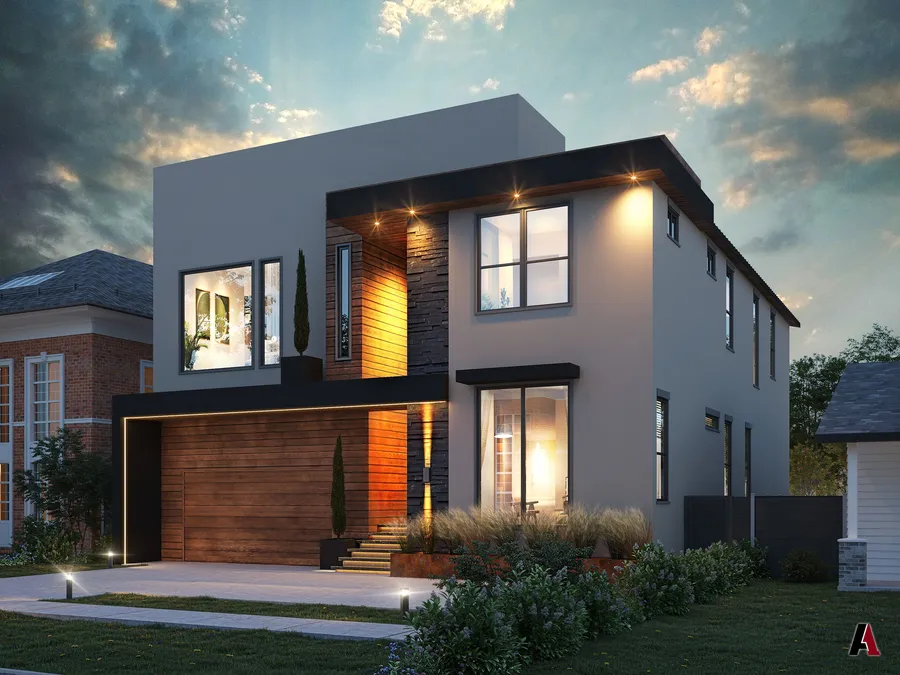 Dusk rendering of a modern two-story residence by A1 Design and Construction
