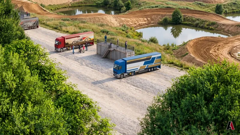 Photorealistic aerial view of a motocross park with dirt track, ponds, a gravel service road, a VIP viewing stand and two event trucks, designed by A1 Design and Construction
