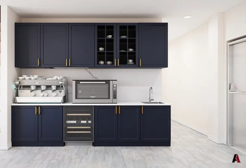 Rendering of an office coffee bar with navy cabinets, brass pulls, an espresso machine and a wine cooler, designed by A1 Design and Construction