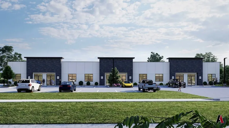 Photorealistic rendering of a one-story office condominium building with dark stone entry towers and white metal panels, designed by A1 Design and Construction
