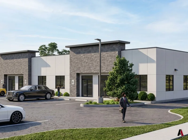 Photorealistic rendering of a one-story office condominium building with gray stone towers, white stucco walls, storefront glass and a landscaped parking court, designed by A1 Design and Construction