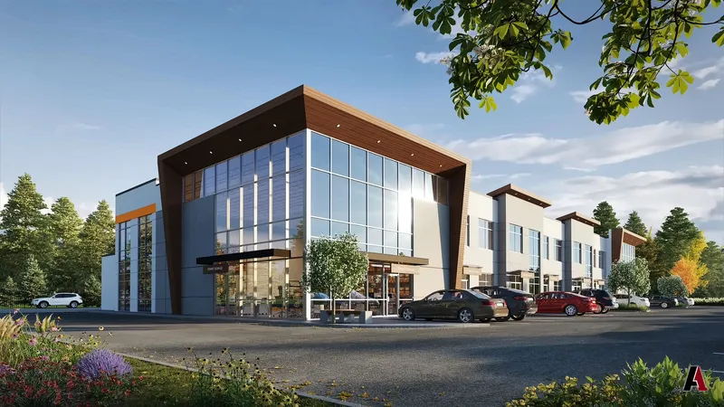Rendering of a two-story office and flex building with a glass lobby framed in wood-tone panels, designed by A1 Design and Construction