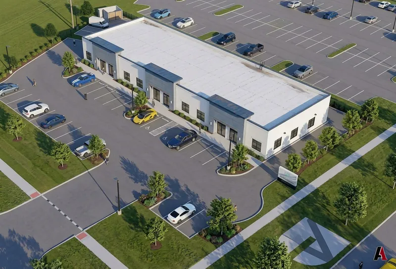 Photorealistic aerial rendering of a one-story office and retail center with white and gray facades, parking and landscaping, designed by A1 Design and Construction
