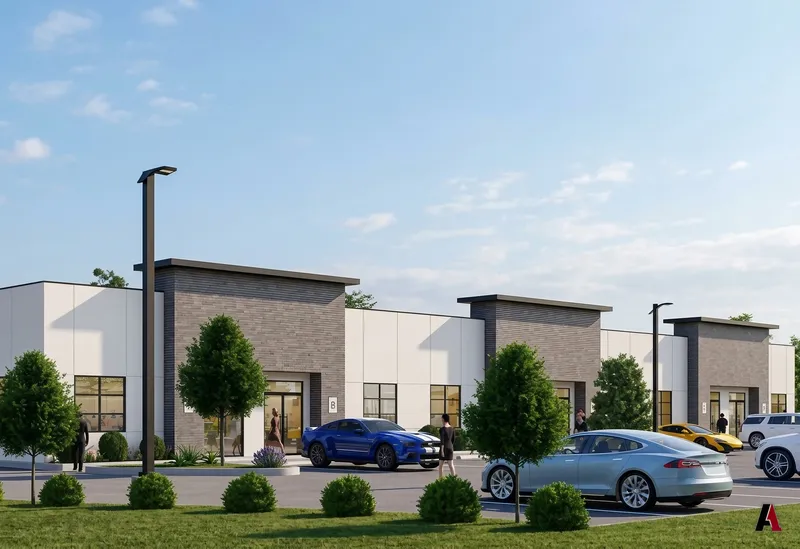 Photorealistic rendering of an office and retail center with white panels, brick entry towers, street lights and parked cars, designed by A1 Design and Construction