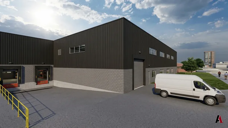 Photorealistic rendering of a dark metal warehouse with a CMU base, two truck docks and a roll-up door, designed by A1 Design and Construction