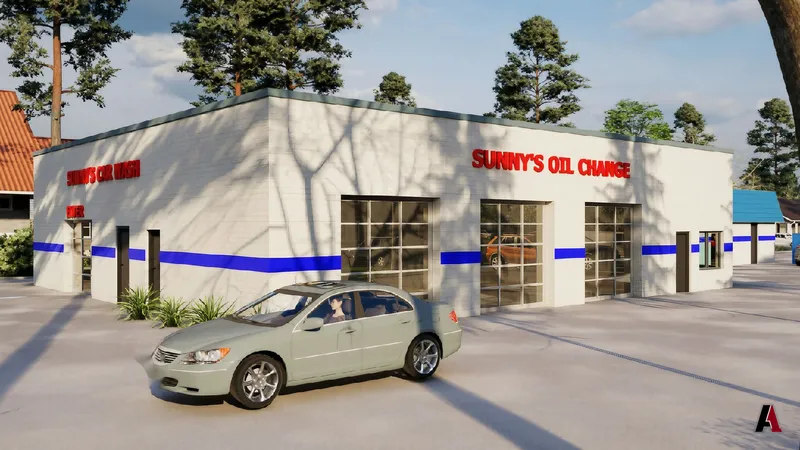 Rendering of a white brick oil change and car wash building with glass bay doors and a blue stripe, designed by A1 Design and Construction