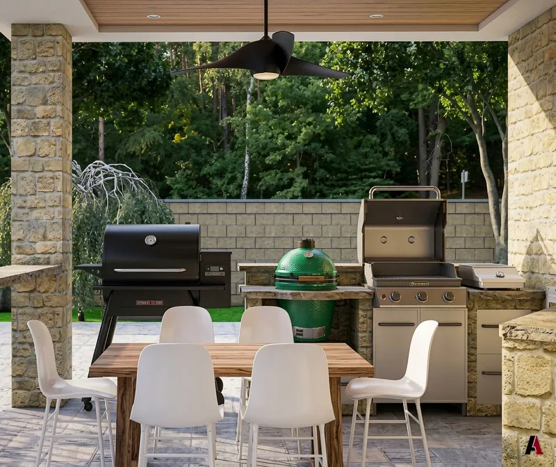 Photorealistic rendering of a covered outdoor kitchen with grills, a smoker, a bar and a dining table, designed by A1 Design and Construction