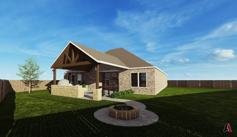 Covered patio with outdoor kitchen and round fire pit, designed by A1 Design and Construction