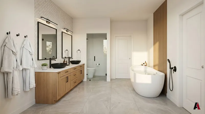 Photorealistic rendering of a primary bath with a wood double vanity, black vessel sinks and framed mirrors, a freestanding tub, a glass-enclosed toilet room and large-format tile, designed by A1 Design and Construction