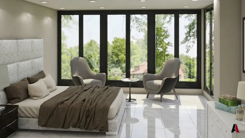 Photorealistic rendering of a primary bedroom with a tufted headboard, lounge chairs and a floor-to-ceiling window wall, designed by A1 Design and Construction