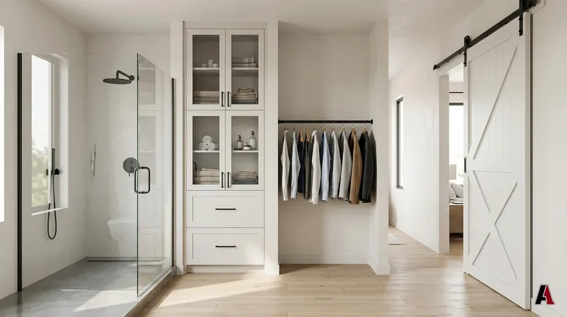 Photorealistic rendering of a primary closet and shower with a frameless glass shower, a built-in cabinet with glass doors, a hanging rod and a white barn door, designed by A1 Design and Construction