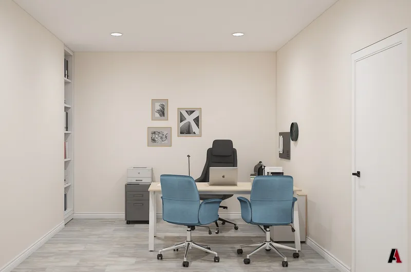 Rendering of a private office with a desk, built-in shelving and two guest chairs, designed by A1 Design and Construction