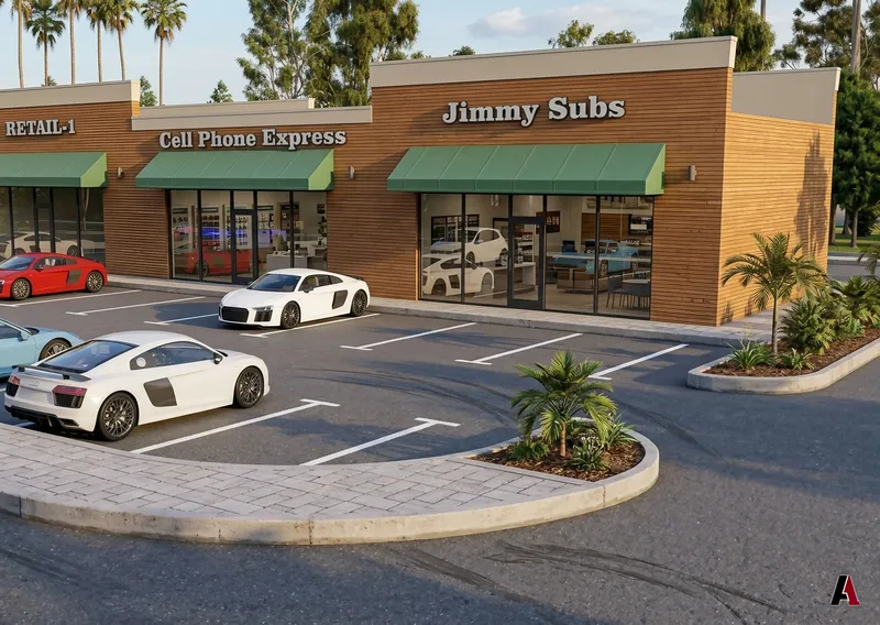 Photorealistic rendering of a brick retail center with green awnings, storefront glass and a striped parking lot, designed by A1 Design and Construction