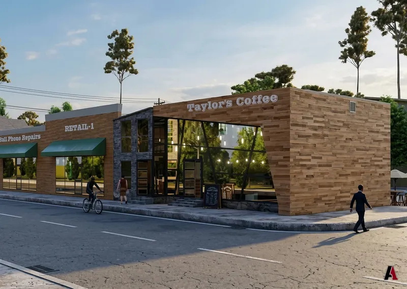 Photorealistic rendering of a retail strip with green awnings and a coffee shop clad in wood and stone, designed by A1 Design and Construction