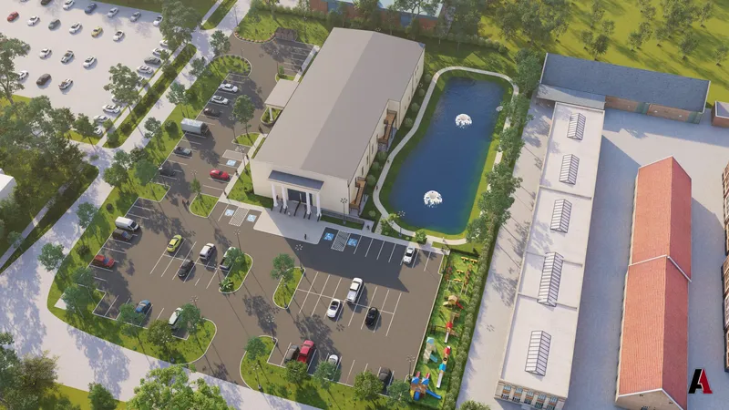 Aerial site plan rendering of a school campus with parking, detention pond and landscape, designed by A1 Design and Construction