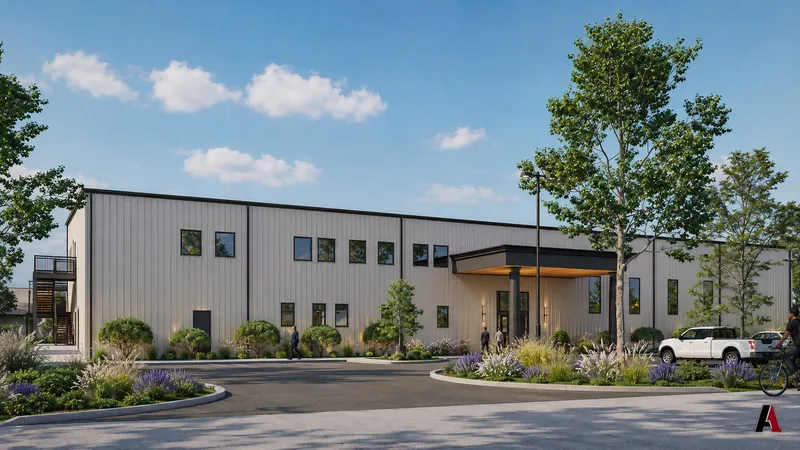 Rendering of a long metal building with a covered drop-off, landscaped islands and a circular drive, designed by A1 Design and Construction
