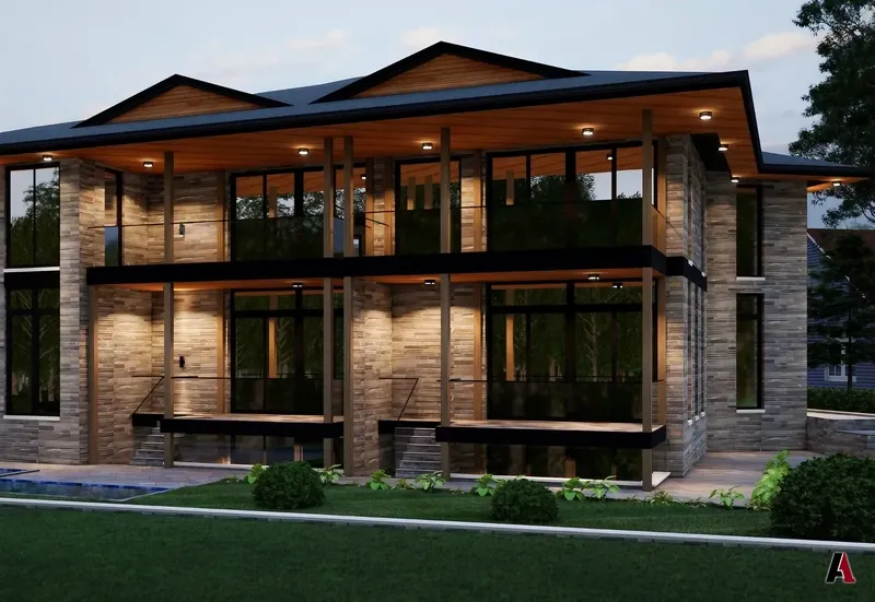 Night rendering of a two-story stone home with a cedar soffit, deep balconies and warm lighting, designed by A1 Design and Construction