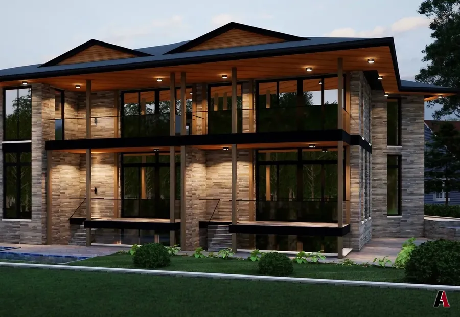 Night rendering of a two-story stone and cedar residence by A1 Design and Construction