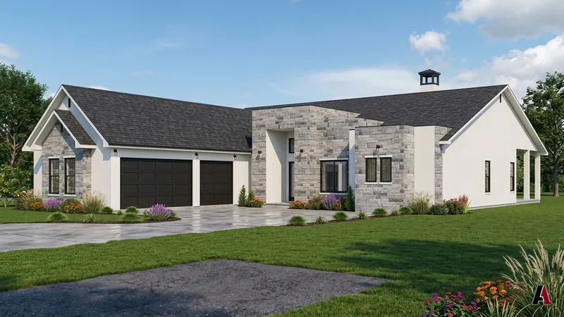 Photorealistic rendering of a one-story home with gray stone, white stucco, a black roof and a garage wing, designed by A1 Design and Construction